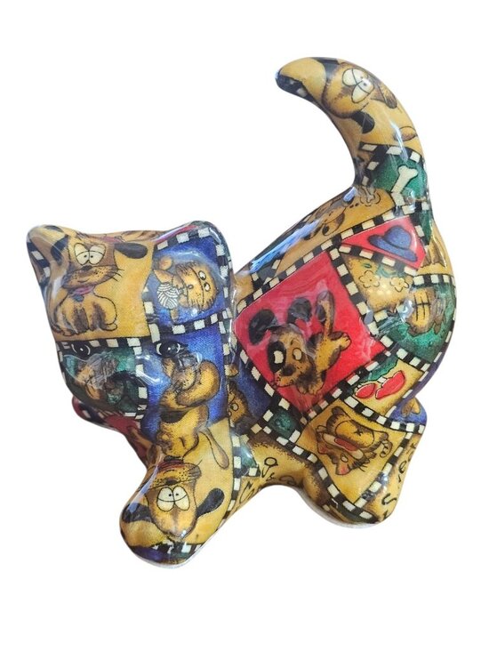 Unbranded Other - Vintage Handmade Fabric Cat Figure Folk Art Stuffed Cat Patchwork Dog Print Deco